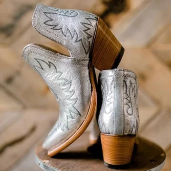 2022 Vyšívané Cowgirl Topánky Pre Ženy Robustný Podpätky Členková Obuv Západnej Kovbojské Topánky Móda Pošmyknúť Na Chelsea Boots Lady Topánky