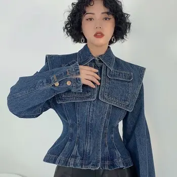 Kórejský Elegantný Retro dizajn pás uzavretý krátke džínsové bundy ženy Port štýl office lady nosenie jean kabát navy leader žena bunda