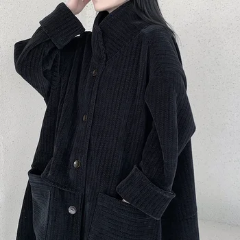 UMI MAO Yamamoto Tmavo Čierne Zvislý Pruh Kompozitné Obloženie Kabát Textúra Stojan Golier Strednej dĺžky Žien Ženy Kabát