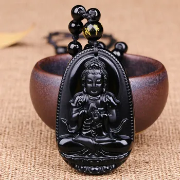 Prírodný Kameň Čierny Obsidián Vyrezávané Buddha Šťastie, Amulet Prívesok Náhrdelník Šperky pre Ženy, Mužov Sveter reťazca Prívesky 2019