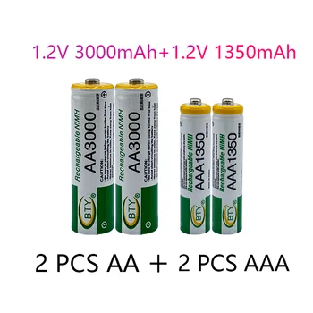 Zbrusu nový 1.2 V, AA 3000mAh Ni MH dobíjacie batérie + AAA batérie 1350MA nabíjateľné batérie Ni MH 1.2 V AAA batérie