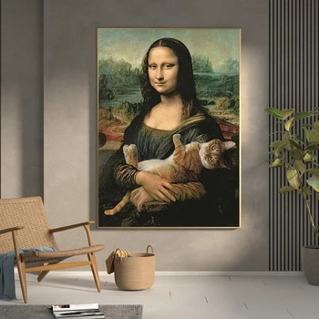 Slávny obraz s Úsmevom Mona Lisa s Mačkou Vintage Umelecké Plátno na Maľovanie Plagátu Vytlačí Wall Art Obraz Obývacia Izba Domova