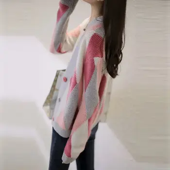 Kontrastné Farby, kórejský Hrubé Jeseň Zimné Oblečenie pre Ženy Tlačidlo Argyle tvaru Svetre Singel svojim Pletenie Cardigan