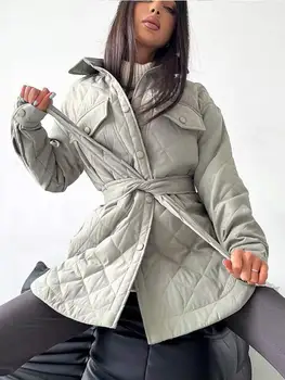 2022 Zimné Príležitostné Voľné Argyle Bundy Ženy Móda Hrubé Teplé Dlhé Kabáty Elegantným Opaskom Bavlna Čalúnená Vrchné Oblečenie Parkas