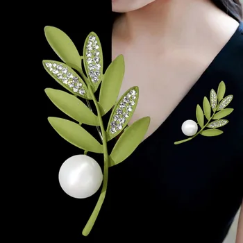 NOVÝ Elegantný Retro Pearl Kvety BroochGreen Rastlín Kovový Kolík pre Ženy Golier Príslušenstvo Šperky, Darčeky