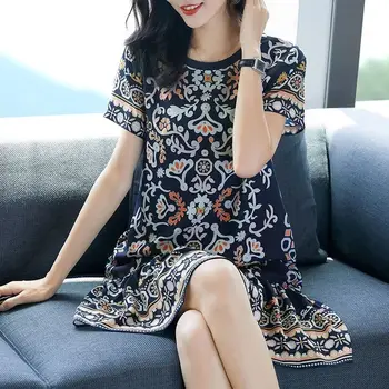 Letné Nový kórejský Elegantný Módy Tlače Šaty Womenshort Rukáv Kvetinový Mid-dĺžka-line Vestidos De Fiesta Estetické Župan Femme