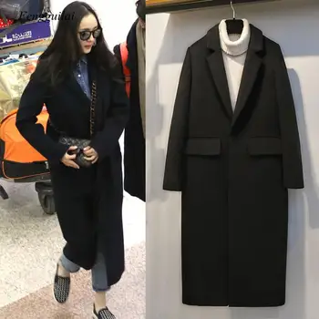 Kórea plus bavlna teplé vlnené kabát 2020 zimné black elegantný štíhly, dlhý kabát pevné bežné ženské vlna bunda, kabát oblečenie