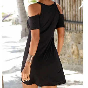 Plážové Šaty Letné Riadok Voľné Krátky Rukáv Sundress Ženy Sexy Obväz Mimo Ramenný Čierne Šaty Boho Ženské Módne Oblečenie