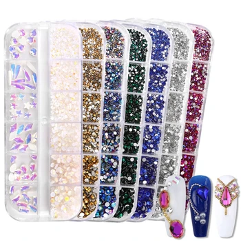 12 Mriežky/set Multi Veľkosť AB Crystal Nechtov Kamienkami 3D Lesk Flatback Crystal Drahokamy Diamant Nail Art Luxusné DIY Dekorácie