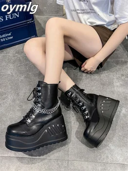 Veľká veľkosť klin čierne topánky dámske 2022 jeseň a v zime sa nové kolo hlavy kovové reťaze opasku topánky ženy