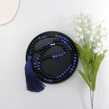 108 Korálok Prírodné Lapis Lazulis, Čierna Agates Ženy Muži Milovníkov Darček Jogy Liečenie V Pohode Náhrdelník Bijoux