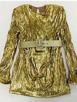 2022 Nové Jeseň v Štýle Gold Black Ženy Svetlice Rukáv Sexy Bodycon Mini Šaty Lomky BLING BLING Večer Party Šaty