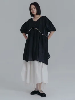 [EAM] Ženy Black Nepravidelný Veľká Veľkosť Transparentné Šaty Nové tvaru Polovicu Lístkového Rukáv Loose Fit Móda Jar Leto 2023 1DE8072