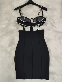 Ženy, Letné Štýl Sexy V Krku Vystrihnúť Diamanty Crystal Black Mini Bodycon Obväz Šaty 2022 Nočný Klub Party Šaty