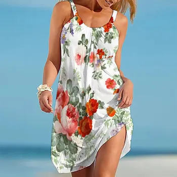 Nové Letné Kvety Bezošvá Ženy Oblečenie Plaviek Gradient Okolo Sexy Bez Rukávov Slim Fit Čerstvého O-Neck Beach Šaty