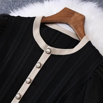 Jeseň zima 2022 ženy čierny pletený sveter patchwork oka šaty svietidla rukáv elegantné šaty módne oblečenie veľká veľkosť XXL