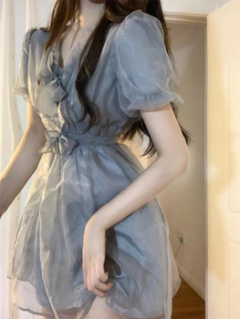 Francúzsky Elegantné Party Mini Šaty Žien Víla Lístkového Rukáv Dizajn S Retro Víla Šaty Kórejský Módne Štíhle Sexy Letné Šaty 2022