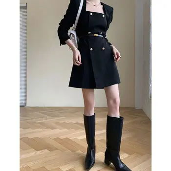 Jeseň Francúzsky Elegantné Čierne Šaty Žien Office Lady Dlhý Rukáv Elegantný Mini Šaty Žena Kórejský Módne Jeden Kus Oblečenia 2021 Nové
