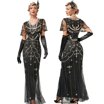 Ženy 1920 Vintage Veľký Gatsby Šaty tvaru Krátky Rukáv Korálkové Sequin Maxi Šaty v štýle Art Deco Krídlovky Oka Dlhé Šaty pre Strany