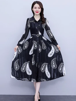 Jeseň Oblečenie Žien 2022 Kvetinový Šifón Šaty Dlhý Rukáv Elegantné Bežné Vintage Midi Šaty Pre Strany Kórejskej Módne Večer