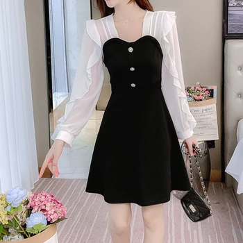Vintage Solid Black Spojov Šaty Námestie Krku Prehrabať Dlhý Rukáv Strany Vysoký Pás Slim Vestidos Kórejský Elegantné Šaty Ženy