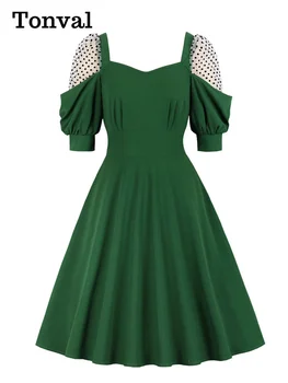 Tonval Námestie Krku Bodkované Oka Svietidla Rukáv Ženy Vintage Zelená Swing Šaty Koleno Dĺžke Elegantné Party-Line Šaty