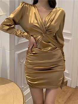 2022 Nové Prom Party Fashion dámske Škvrna Šaty Slim Chudá tvaru Hip Mini Šaty Mestskej Dámy Skladaný Dlhý Rukáv Sexy Šaty