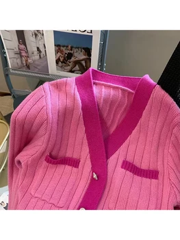 Ženy Jeseň Zima Nové tvaru Ružový Sveter Voľné Dlhý Rukáv Knitwear Kabát Jednoduchosť Základné Pletený Sveter Vlnené Svetre